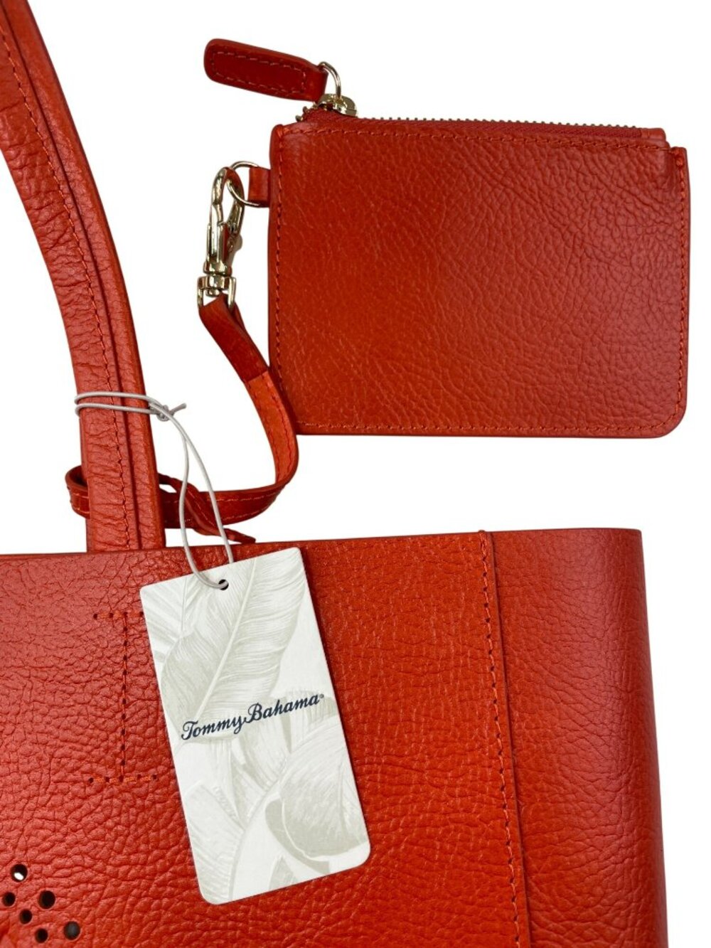 Tommy Bahama Perforated Orange Leather Tote W/Tassel & Match Pouch MSRP$185 NWT - Picture 3 of 10